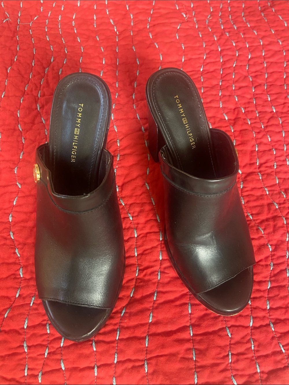 Tommy Hilfiger Black Leather Open-Toe Slide Mules with Gold Accent